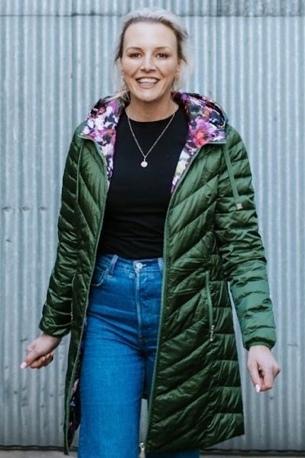 Arnie Women's 90/10 Reversible Down Coat - Cypress/Purple Fleur