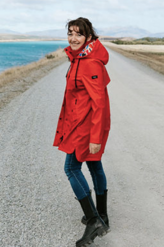 Billie Rain Coat - Fiery Red with Collage
