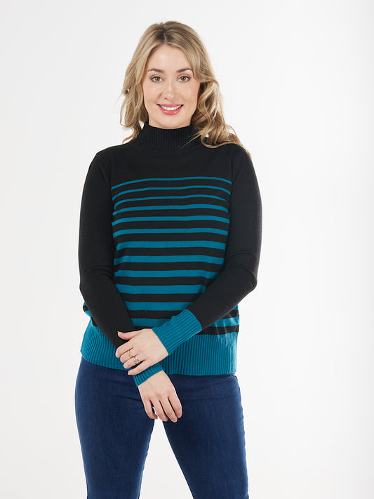 Bella Knitwear High Neck Pullover with Contrast Stripes - Black Combo