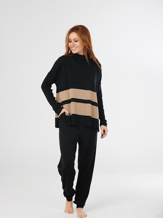 Fields Knitwear Boxy Stripe Roll Neck Pullover - Black/Mid Brown