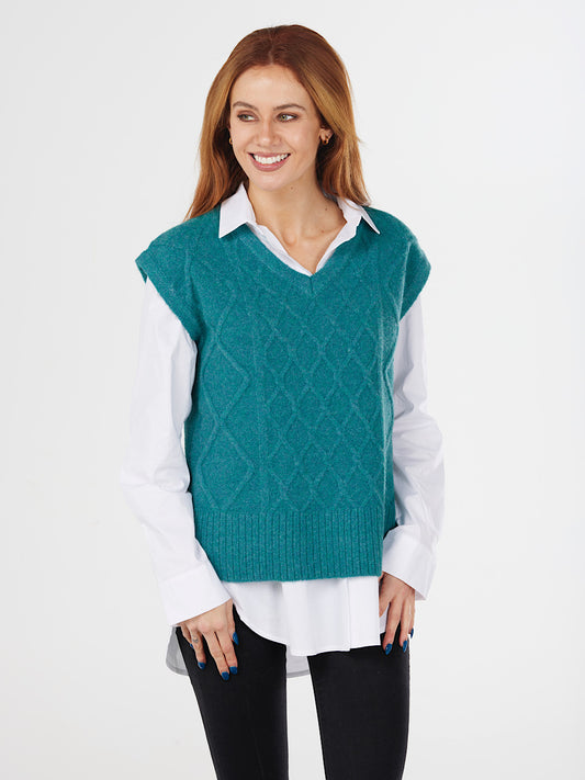 Fields Knitwear Cabled Vest - Teal